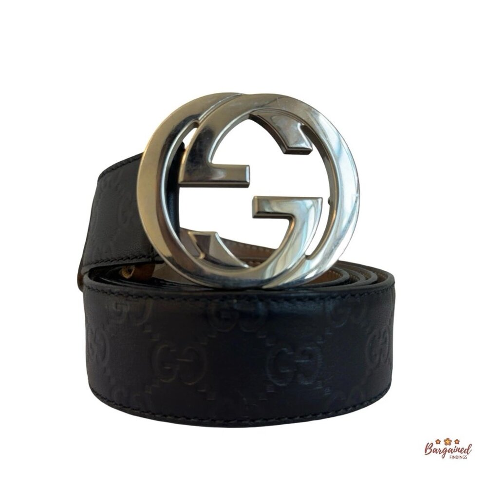 Auth Gucci Black Guccissima Leather Silver Interlocking G Buckle Belt 115/46